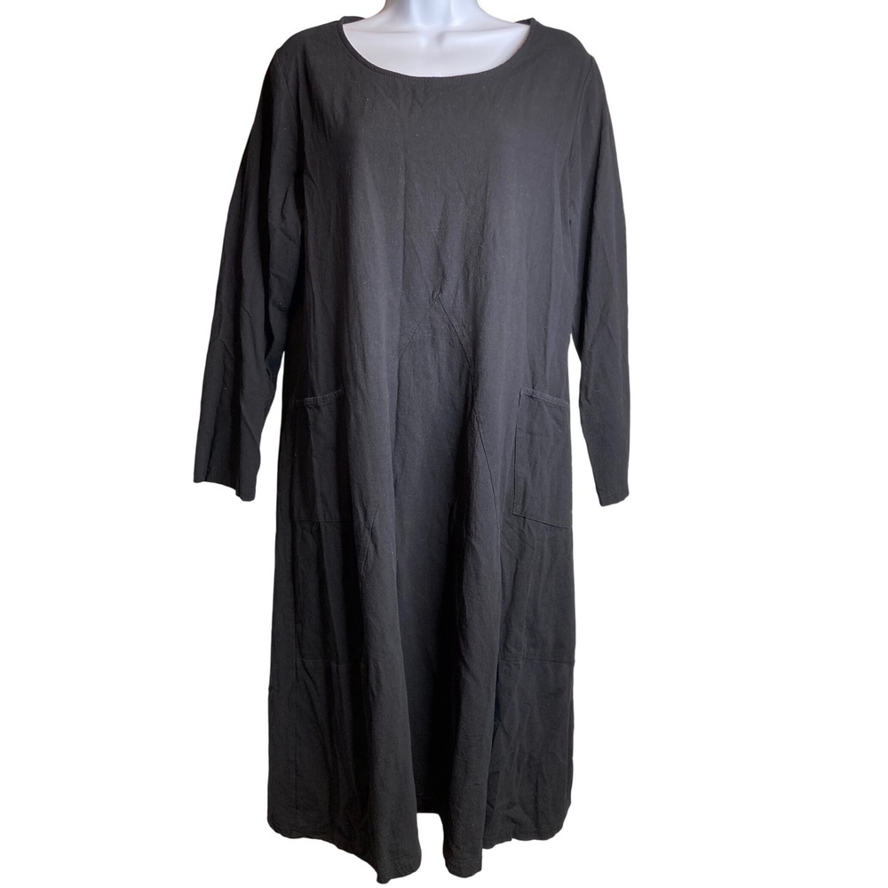 Minimalist Avant Garde Black Long Sleeve Midi Dress Pockets Est Sz L Chic Basic